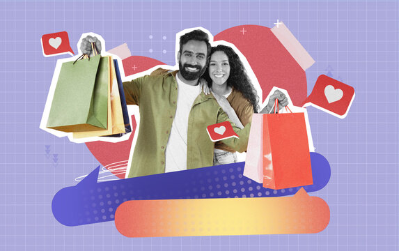 Happy Multiracial Couple Smiling While Carrying Colorful Shopping Bags, Enjoying Their Shopping Experience Together In Retail Store, Filled With Excitement And Joy. Retail Concept.