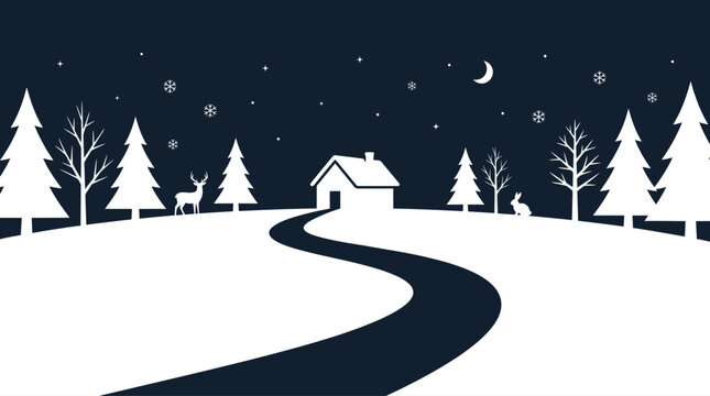 Charming winter holiday vector background featuring a snowy landscape with white silhouette trees, a cozy cabin, deer, rabbit, and twinkling stars against a dark blue night sky