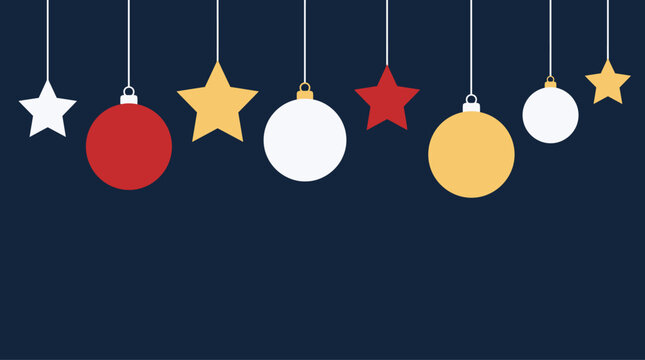 Festive Christmas background vector featuring hanging red, white, and yellow stars and bauble ornaments against a dark blue textured night sky