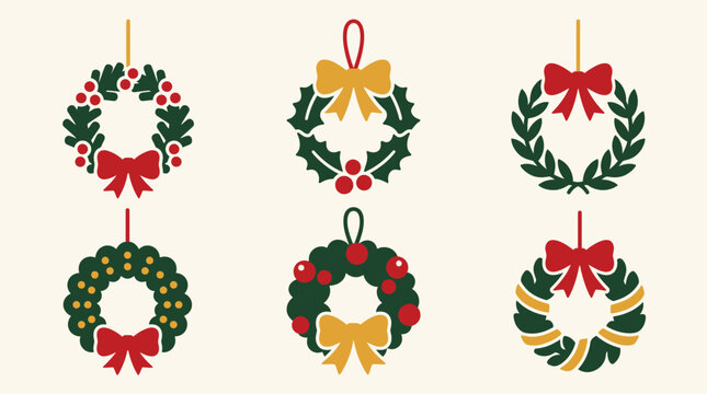 Charming collection of six vector Christmas wreaths featuring various evergreen foliage, red berries, yellow bows, and festive holiday decorations