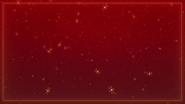  Red christmas background with falling golden snowflakes animation inside a glowing festive frame border