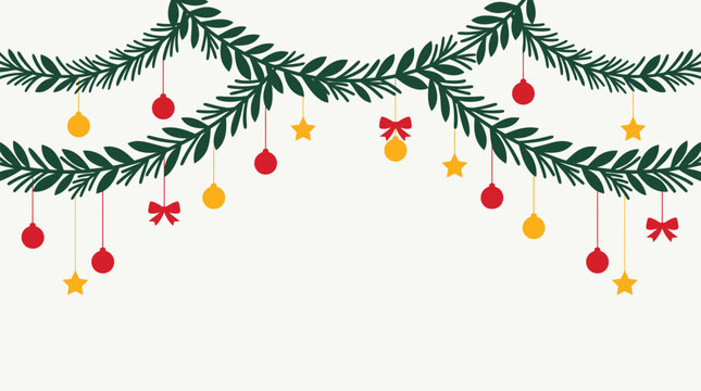 Charming Christmas vector background featuring hanging dark green pine branch garlands decorated with red baubles, yellow ornaments, stars, and red bows against a light grid backdr