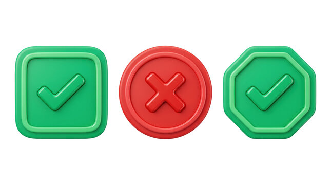 Green check mark and red cross 3d symbol icons