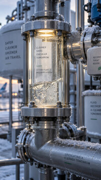 An illuminated glass chamber shows swirling liquid within frost-covered industrial pipes, with environmental messaging and a blurred aircraft in the background.