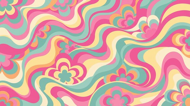 Retro 70s groovy psychedelic floral pattern background with wavy fluid liquid swirls and pink yellow teal flowers, vintage hippie vector style backdrop, generative AI