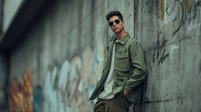 Man in stylish green jacket sunglasses leaning against graffiti wall. Fashionable man sunglasses trendy green utility jacket poses casually against textured concrete wall adorned colorful graffiti