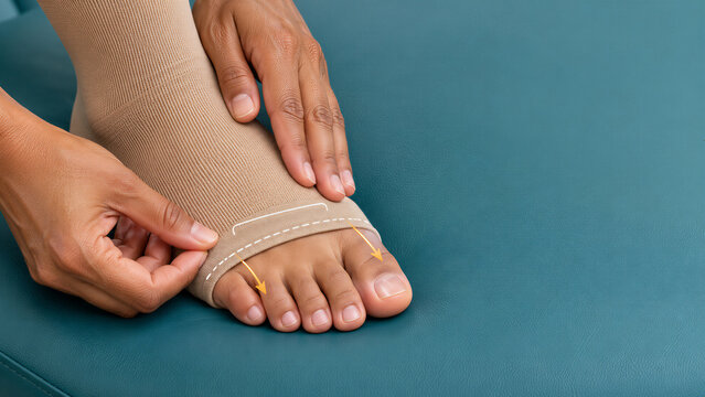 Hands adjusting a beige compression stockings around a foot. Compression therapy and support for circulation. Medical care, recovery and wellness concept. Close-up with copy space.