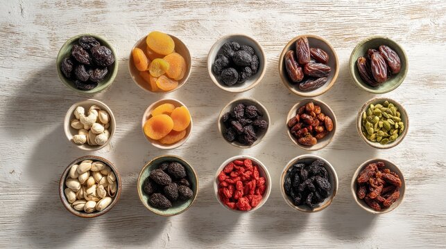 Assortment of dried fruits and nuts in rustic bowls on wooden table. Variety of healthy dried fruits and nuts are presented in small ceramic bowls showcasing natural goodness and wholesome ingredients