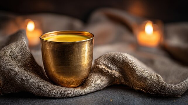 Golden cup filled with warm, yellow beverage, set on rustic fabric with candles. Cozy scene featuring metallic cup holding comforting drink, illuminated by soft candlelight draped with textured cloth