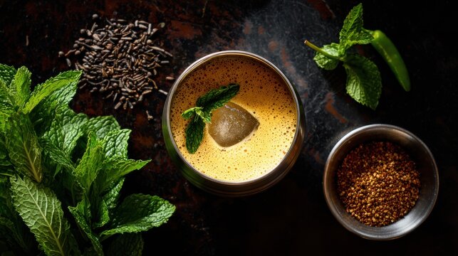 Refreshing herbal tea with mint and spices for healthy and cozy beverage. Vibrant, frothy herbal tea served with fresh mint leaves, ice, side of aromatic spices, perfect for healthy comforting drink