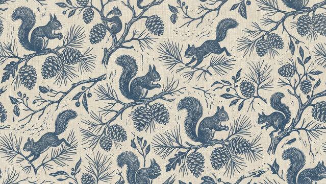 Vintage block print seamless pattern with navy squirrels, pinecones, and pine branches on linen texture background, woodland forest style.