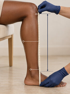 Clinician measuring patients leg for custom compression garments. Medical fitting and limb assessment. Compression therapy and rehabilitation care. Clinical health service