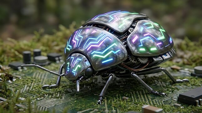 Cybernetic beetle crawling on electronic circuit board.