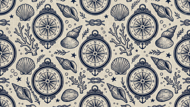 Vintage nautical seamless pattern with compass rose, seashells, coral, anchor, and rope knots in navy blue on linen texture background.