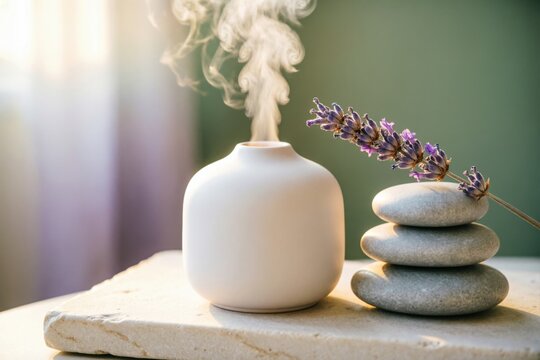 Bodeg&oacute;n de un difusor de aromas de cer&aacute;mica que libera una suave bruma, junto a una pila de piedras lisas y grises de spa y una ramita de lavanda seca sobre una bandeja de piedra clara