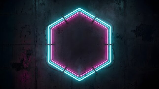 Neon hexagon frame with glowing blue and pink lights on dark grunge concrete wall  