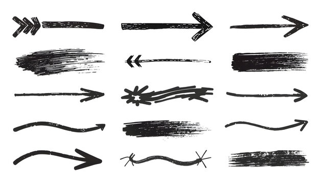 Arrow hand drawn brush set. Crayon hand drawn brush sketch arrow line pencil stroke chalk rough texture. Scribble doodle grunge underline swirl spiral comic fun sign.
