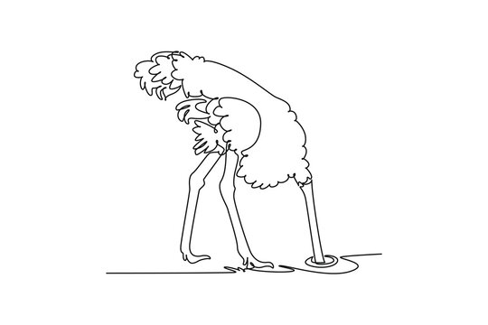 Single one line drawing humorous wild ostrich burying its head directly into hole in the ground, showcasing slender legs, fluffy body feathers. Continuous line draw design graphic vector illustration