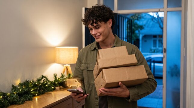 Organized customer tracking parcel delivery on smartphone while carrying packages at home entryway