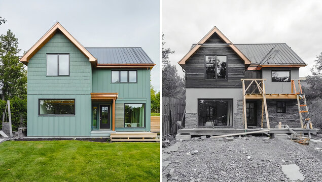 Split image of a modern house finished on the left and the same house under construction in monochrome on the right, outdoors with lawn, before and after, home renovation, residential architecture.