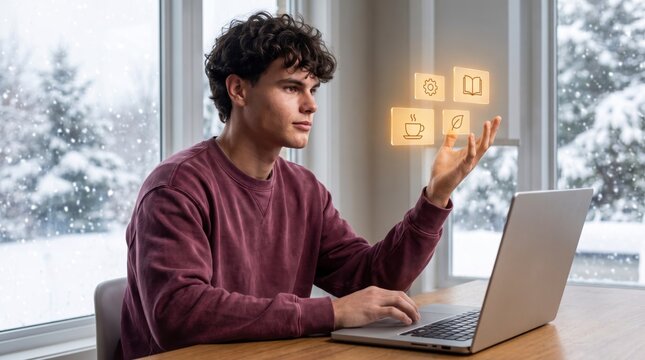 Tech-savvy gift shopper browsing present ideas on laptop by snowy window with holographic icons