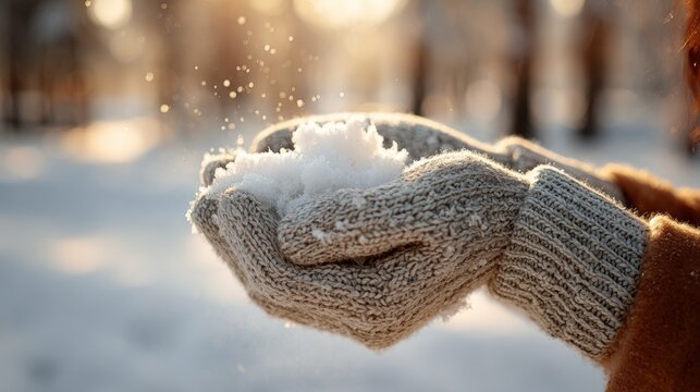 Winter Snow In Hands. Close-up of hands wearing knitted mittens holding fresh snow with soft bokeh background during winter holidays