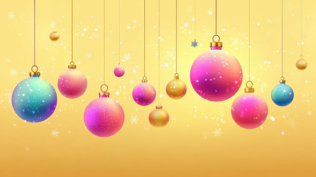 Festive Christmas Ornaments Hanging. A collection of colorful, sparkling Christmas baubles suspended against a warm, golden background with falling snow and glitter