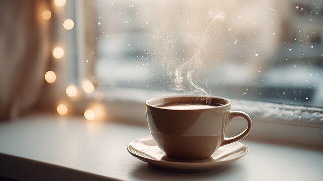 Cozy Winter Holiday Coffee Scene. A warm cup of coffee steams gently on a windowsill with festive lights and falling snow outside