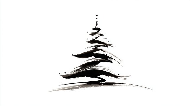 Minimalist Ink Christmas Tree. A stylized ink brush painting of a Christmas tree with a minimalist aesthetic, evoking winter holiday spirit and artistic expression