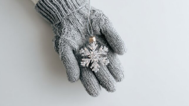Winter Holiday Snowflake Ornament. A hand wearing a warm knitted glove holds a sparkling snowflake ornament, symbolizing the festive winter season and holiday cheer