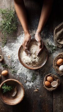Hands Kneading Dough with Flour. A person's hands are covered in flour as they knead dough in a wooden bowl surrounded by eggs and herbs