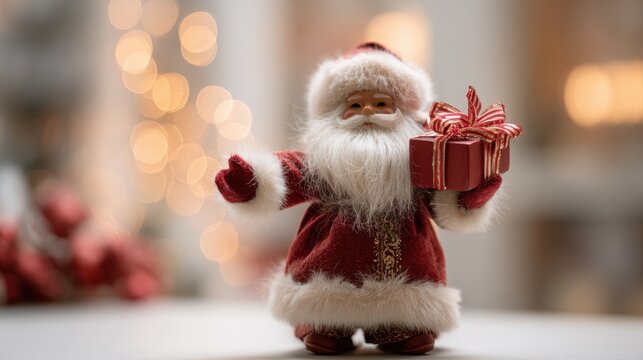 Santa Claus Holding Christmas Gift. A festive Santa Claus figurine holds a red gift box with a bow, ready for holiday celebrations and gift exchanges