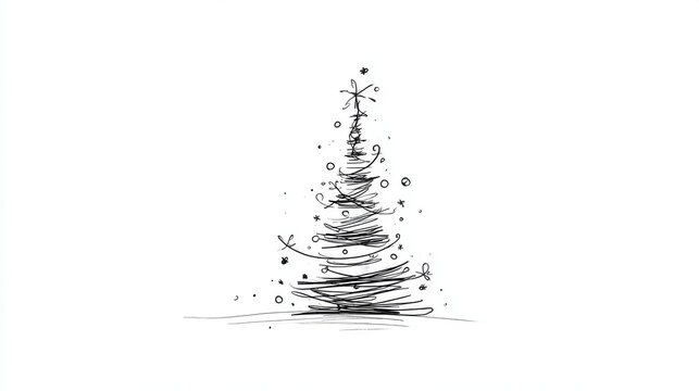 Minimalist Christmas Tree Drawing. A simple, hand-drawn sketch of a Christmas tree with festive ornaments and a star on top, perfect for holiday greetings