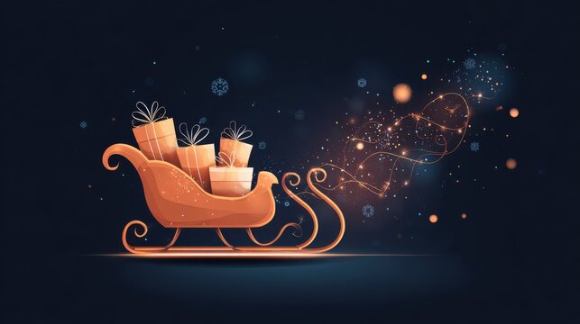 Christmas Sleigh Full of Gifts. A festive sleigh laden with wrapped presents glides through a magical winter night filled with glowing lights and snowflakes