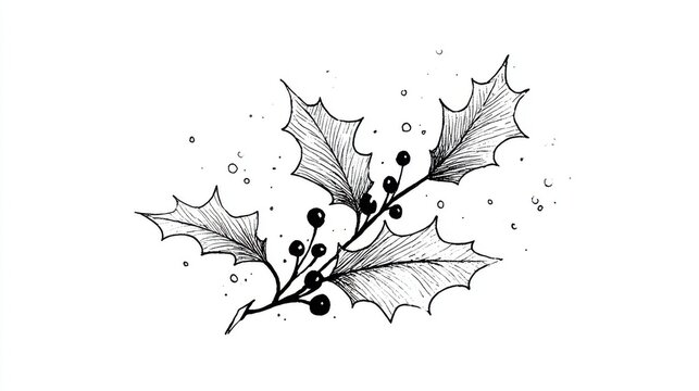 Holly Branch Drawing. A hand-drawn illustration of a holly branch with berries and leaves, rendered in a classic black and white sketch style