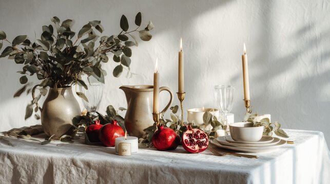 Autumn Table Setting With Pomegranates. A festive autumn table setting features pomegranates, lit candles, and eucalyptus branches, evoking a warm holiday atmosphere