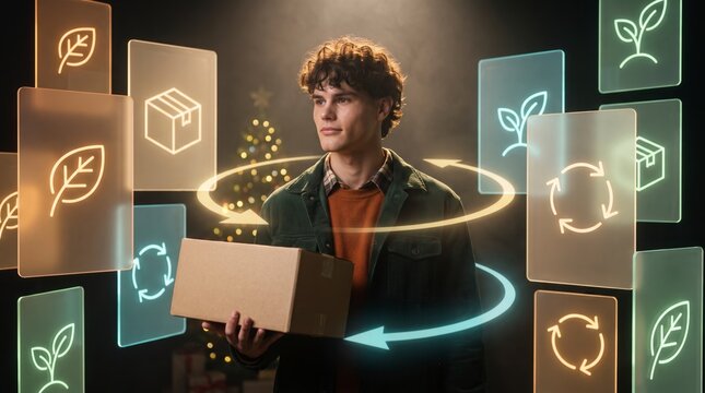 Eco-conscious customer holding cardboard box among recycling and sustainability holographic icons