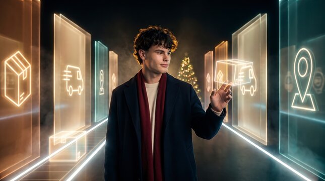 Time-pressed shopper in coat reaching toward holographic delivery route with package and van icons