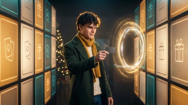 Trusting customer in green coat holding payment card near glowing portal among holographic gifts