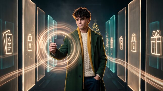 Verified shopper presenting card to glowing authentication ring in holographic corridor of locks