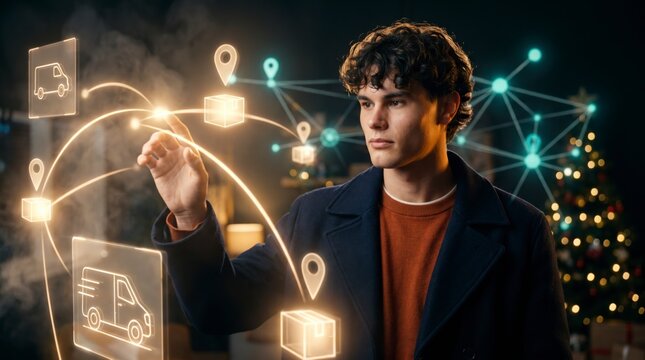 Connected customer tracing glowing global delivery routes with parcel, van and location pin icons
