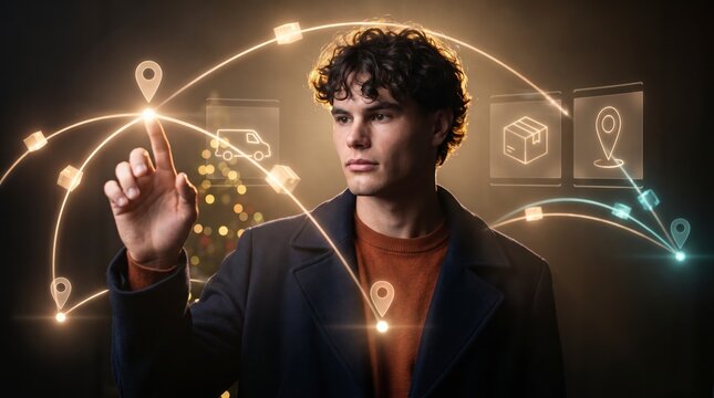 Impatient customer touching glowing shipment tracking pin with arcs of parcels crossing digital map