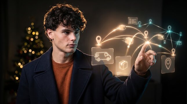 Informed buyer tracing holographic logistics network linking packages across digital routes at night