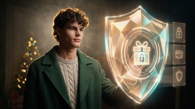 Protected shopper touching holographic security shield around locked gift for safe online shopping