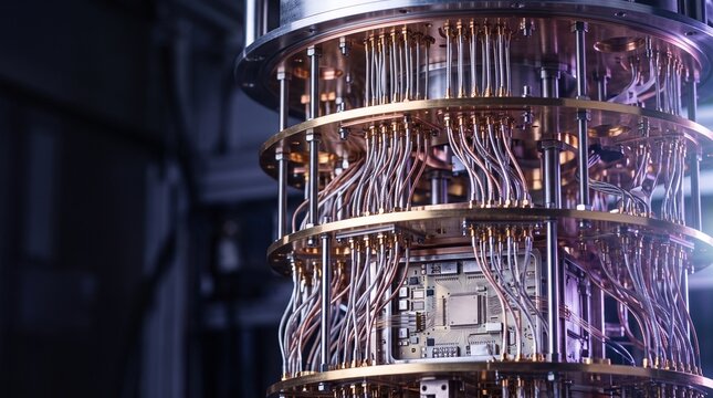 Complex copper wiring inside a high performance quantum computer processor unit