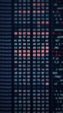 Hexadecimal code dump on screen showing memory corruption and digital system errors.