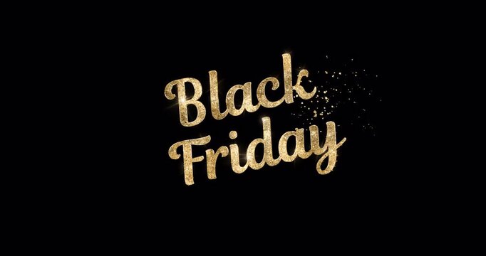 Glittering golden black friday typography animation creates a bold holiday shopping background. handwritten text with alpha channel. ideal for retail campaigns, social media, and promotions.