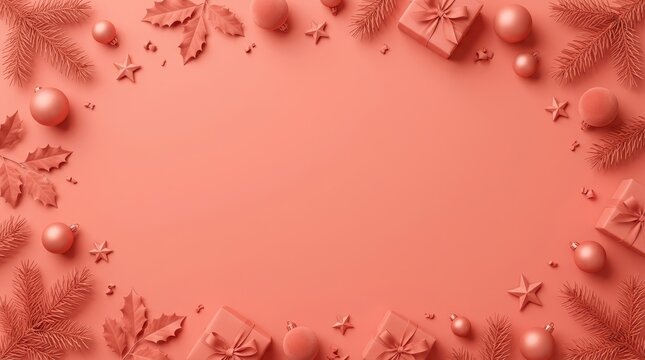 Monochromatic coral pink winter holiday background featuring a decorative flat lay border arrangement of monochrome pine branches, baubles, wrapped gift boxes, and stars with empty copy spac