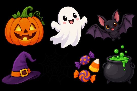 Cute Halloween icon collection with pumpkin ghost bat witch hat and cauldron