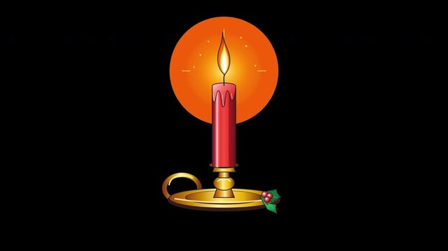 Colorful flat vector animation of a Christmas Eve candle in a brass holder featuring a gentle living flame flicker on a transparent alpha background.